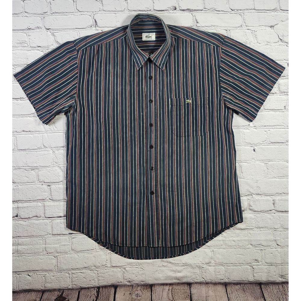 Vintage Lacoste Mens Navy Blue Striped Short Sleeve Button Down Shirt Size 43 L